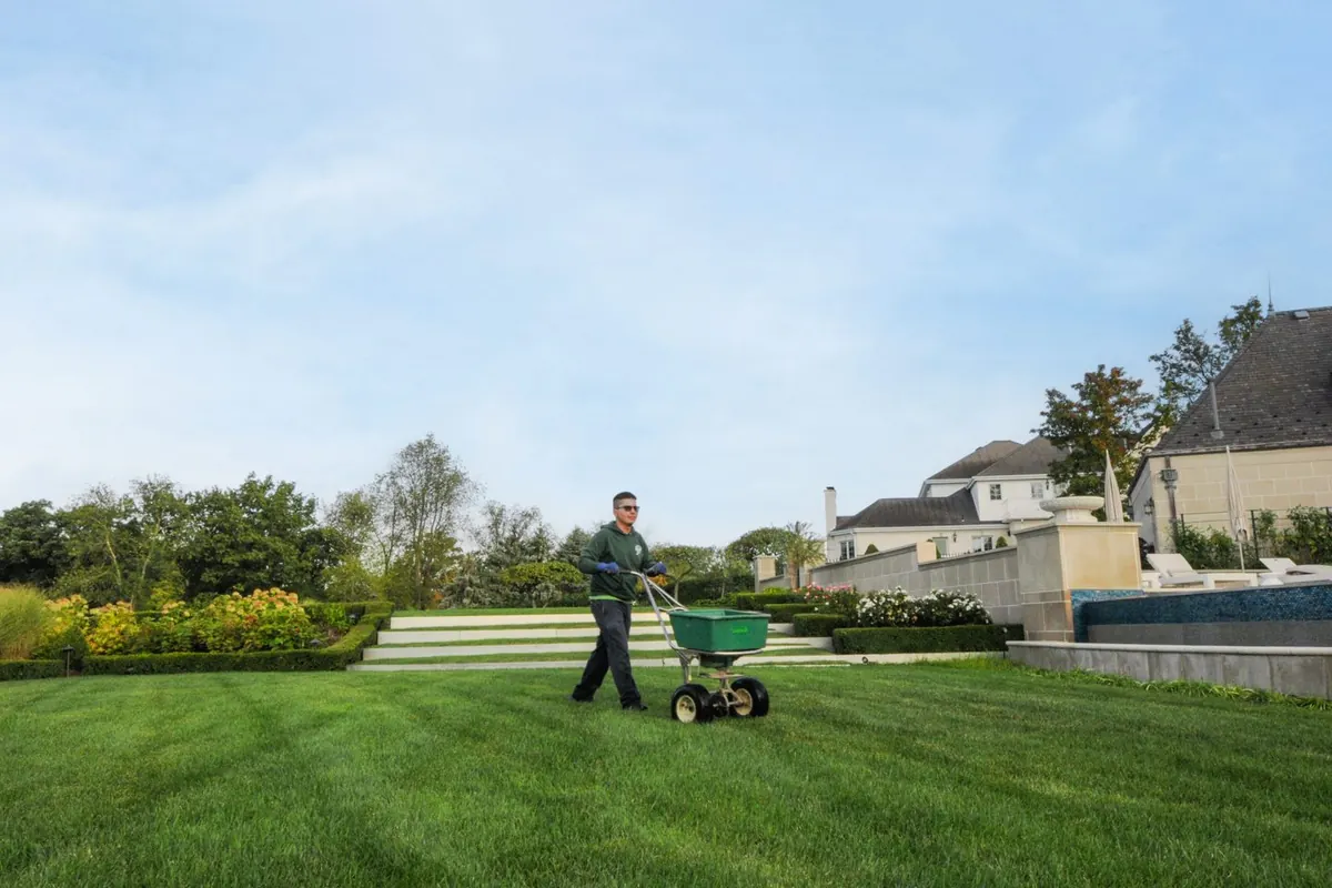 A Dream Greener technician applying lawn treatment with a spreader on a large estate lawn