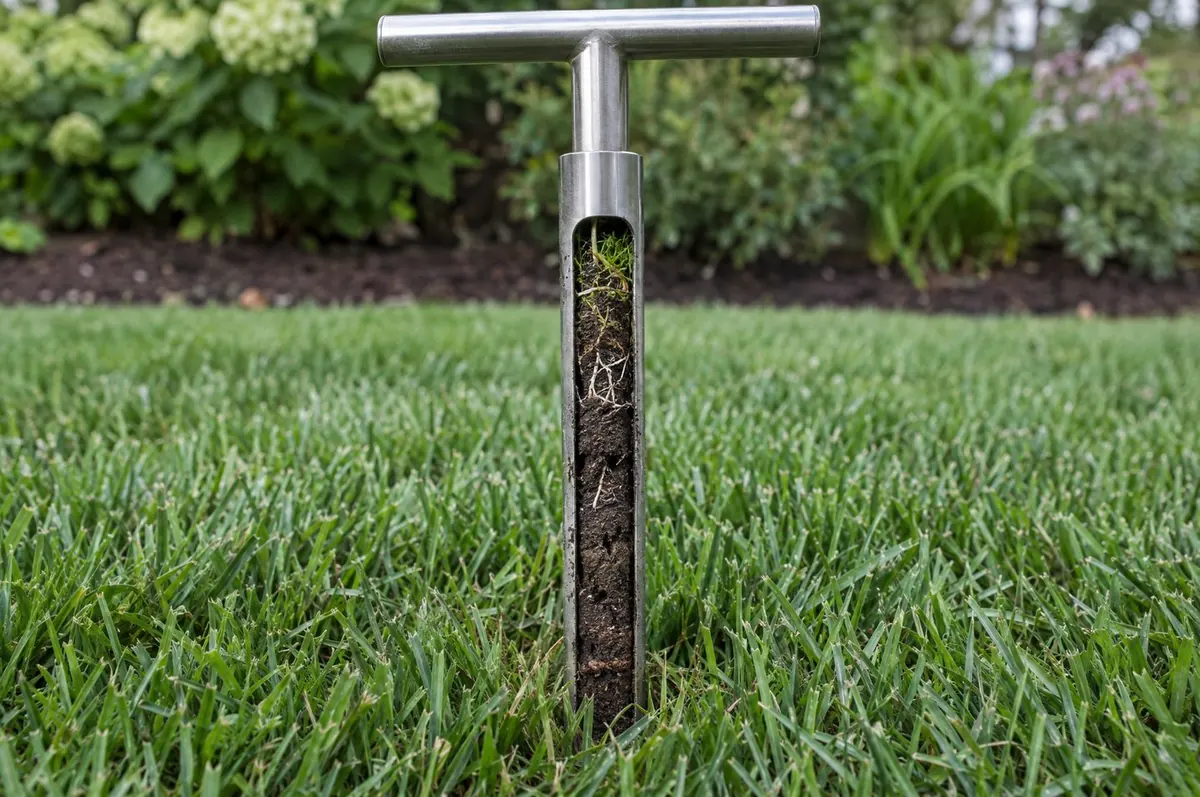 A stainless steel soil probe in a lawn, its open barrel showing a core of soil and grass roots