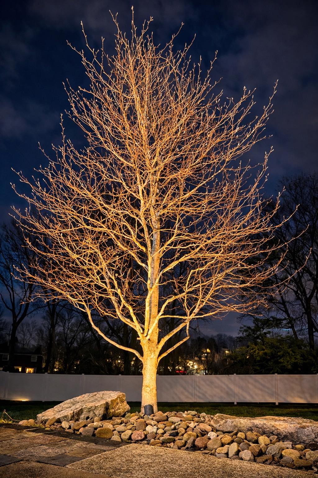 A Dream Greener low-voltage uplight washing the trunk and branches of a mature tree against a night sky in a South Hills yard